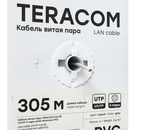 Кабель витая пара U/UTP кат.5E 4 пары solid PVC сер. TERACOM EKF TRC-5EUTP-04PVC-GY-IN3 Кабель витая пара U/UTP кат.5E 4 пары solid PVC сер. TERACOM EKF TRC-5EUTP-04PVC-GY-IN3